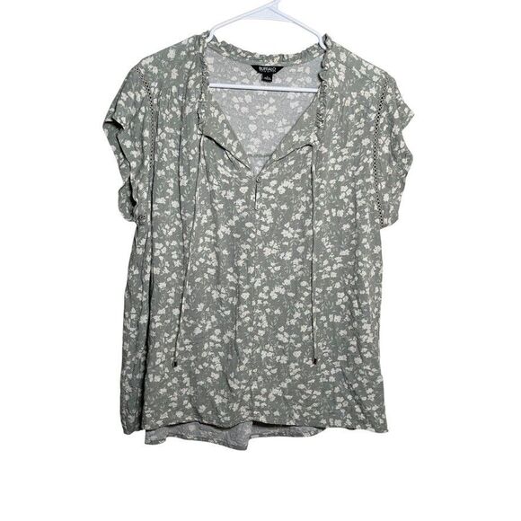 Buffalo David Bitton Blouse Women's Large Green Floral V-Neck Ruffle Top - Picture 1 of 9